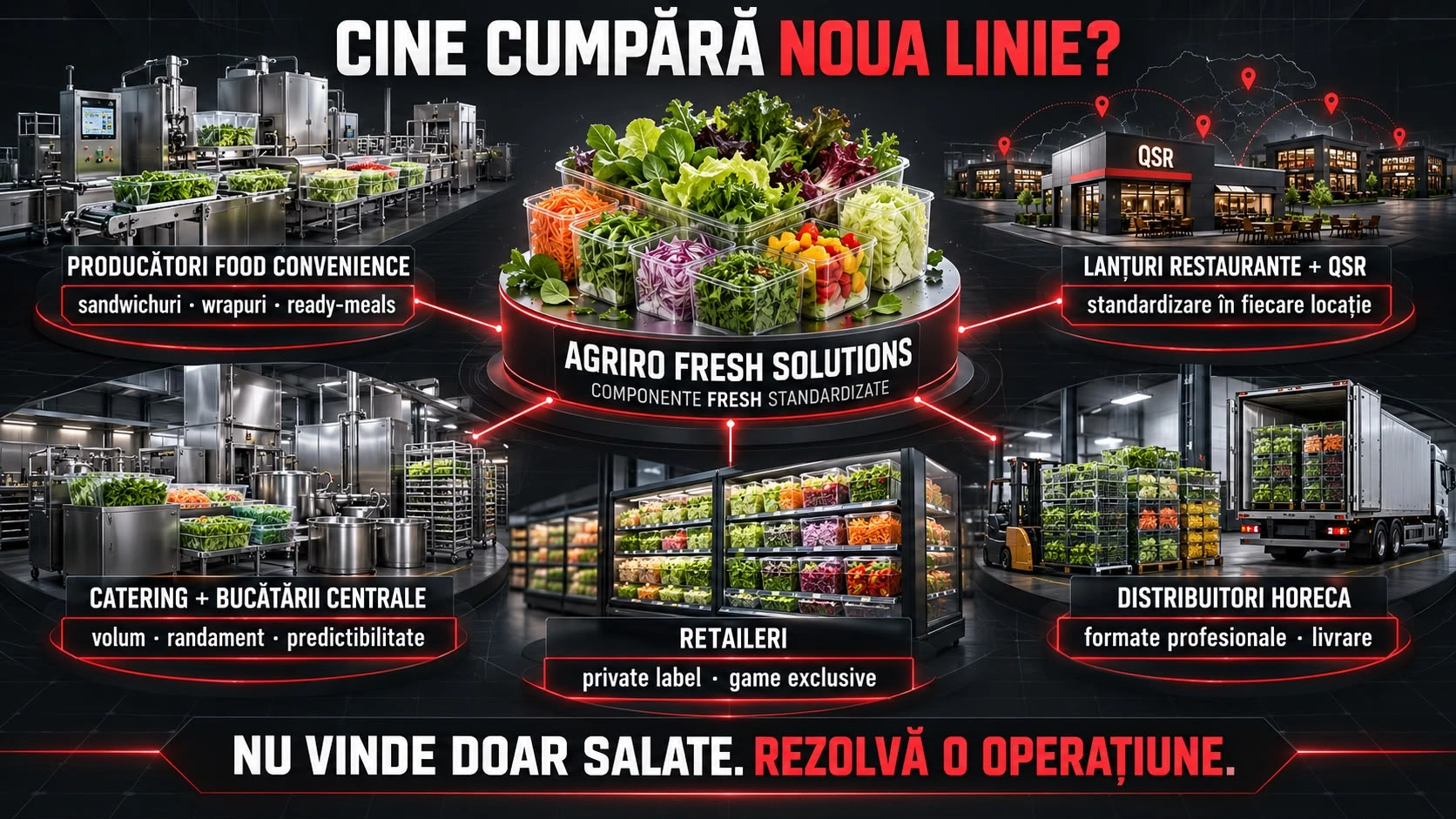 Planșă: diagrama „Cine cumpără noua linie?”. În centru stă Agriro Fresh Solutions, cu componente fresh standardizate, legată de cinci tipuri de cumpărători: producătorii de food convenience, lanțurile de restaurante și QSR, cateringul și bucătăriile centrale, retailerii, pe private label și game exclusive, și distribuitorii HoReCa. Concluzia planșei este „nu vinde doar salate, rezolvă o operațiune”.