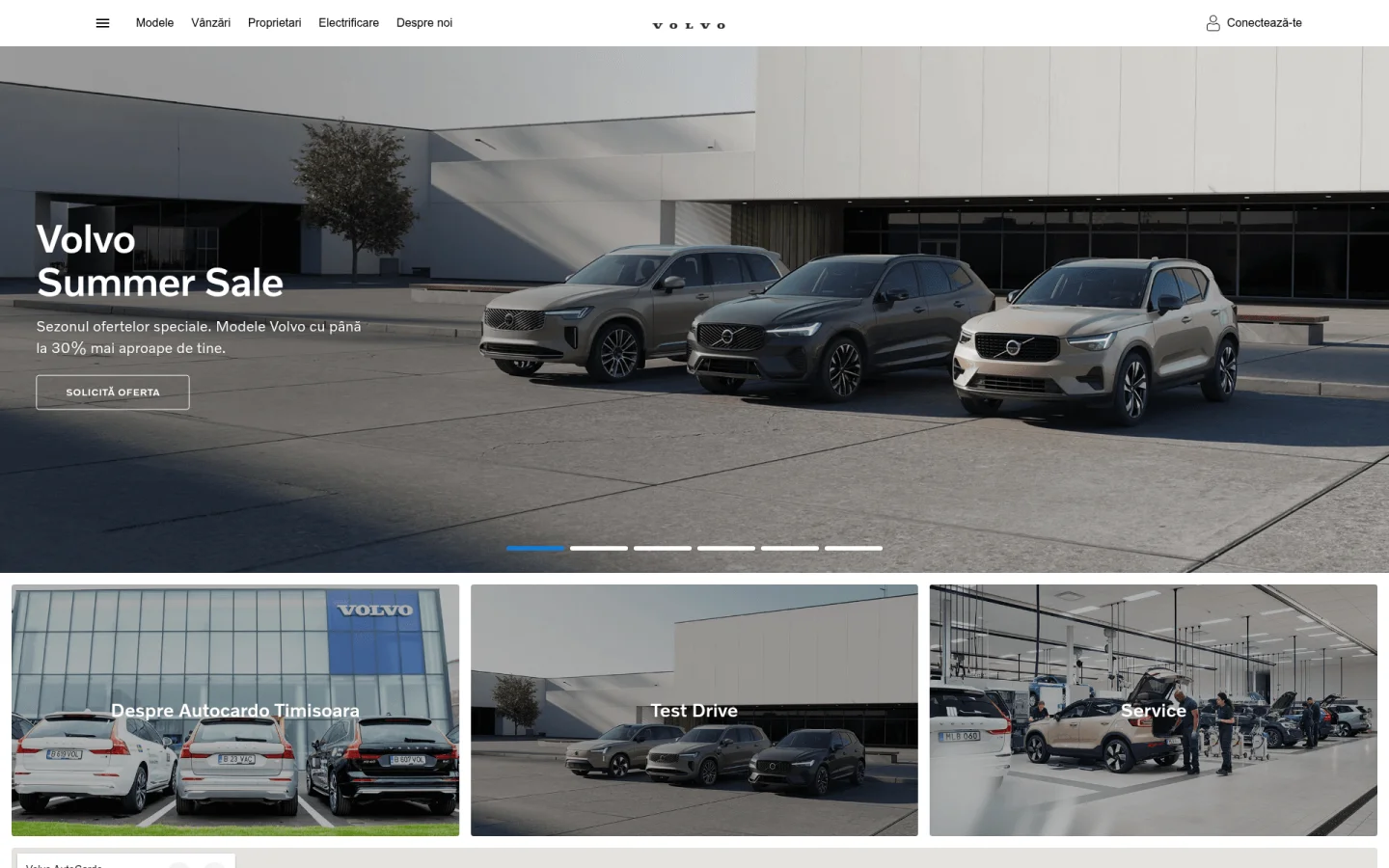 Captură a primului ecran de pe autocardo.volvocarsdealer.ro, 24 septembrie 2026. Meniul Volvo, bannerul Volvo Summer Sale cu trei SUV-uri și trei casete, Despre Autocardo Timisoara, Test Drive și Service, fără nicio mențiune a numelui Autoglobus.