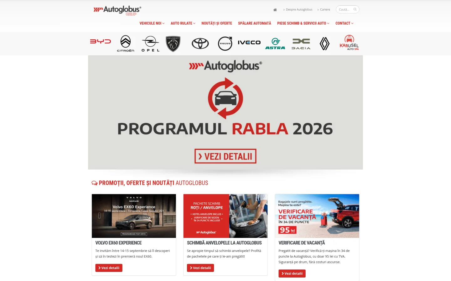 Captură a primului ecran de pe autoglobus.ro, 24 septembrie 2026. Sub meniu stă un rând cu logourile BYD, Citroën, Opel, Peugeot, Toyota, Volvo, Iveco, Astra, Dacia, Renault și Karusel, deasupra bannerului Programul Rabla 2026.