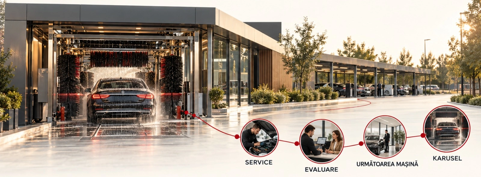 Vizualizare-concept UNRIVALS, nu fotografie a locației. Tunelul de spălare Karusel Auto Spa și un traseu roșu care leagă Karusel de service, de evaluarea mașinii, de următoarea mașină și din nou de Karusel.