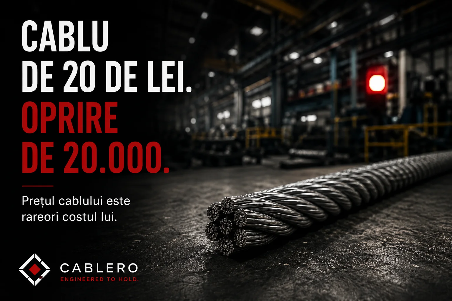 Reclamă: pe fundal, o hală industrială întunecată cu o linie de producție oprită și un semnal roșu aprins; în prim-plan, capătul unui cablu de oțel. Textul spune „Cablu de 20 de lei. Oprire de 20.000. Prețul cablului este rareori costul lui.”