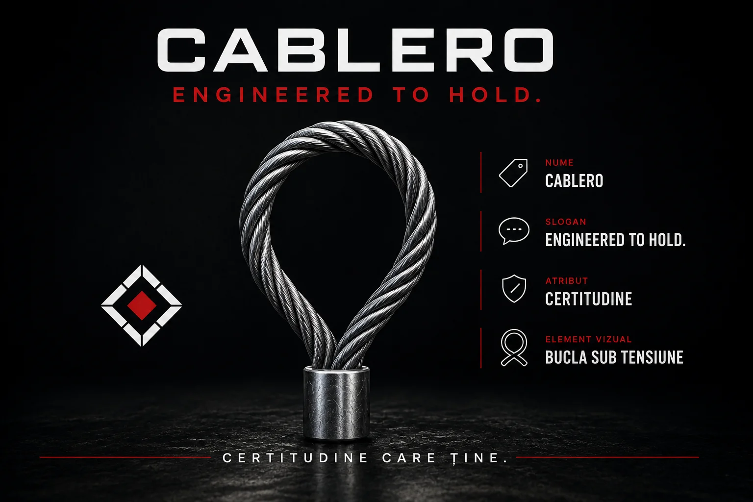 Planșă de sistem de brand: sub numele CABLERO și sloganul „Engineered to hold”, un cablu de oțel prins într-o manșetă metalică formează o buclă în formă de O. În dreapta, patru rânduri: nume Cablero, slogan Engineered to hold, atribut Certitudine, element vizual Bucla sub tensiune. Jos scrie „Certitudine care ține”.
