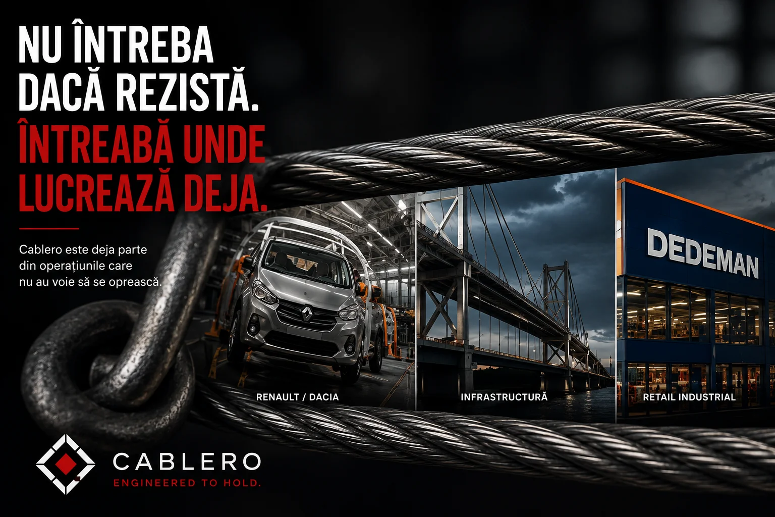 Reclamă: un cablu de oțel cu cârlig traversează imaginea, iar în spatele lui se văd trei contexte etichetate Renault/Dacia, infrastructură și retail industrial, ultimul cu un magazin Dedeman. Textul spune „Nu întreba dacă rezistă. Întreabă unde lucrează deja.”