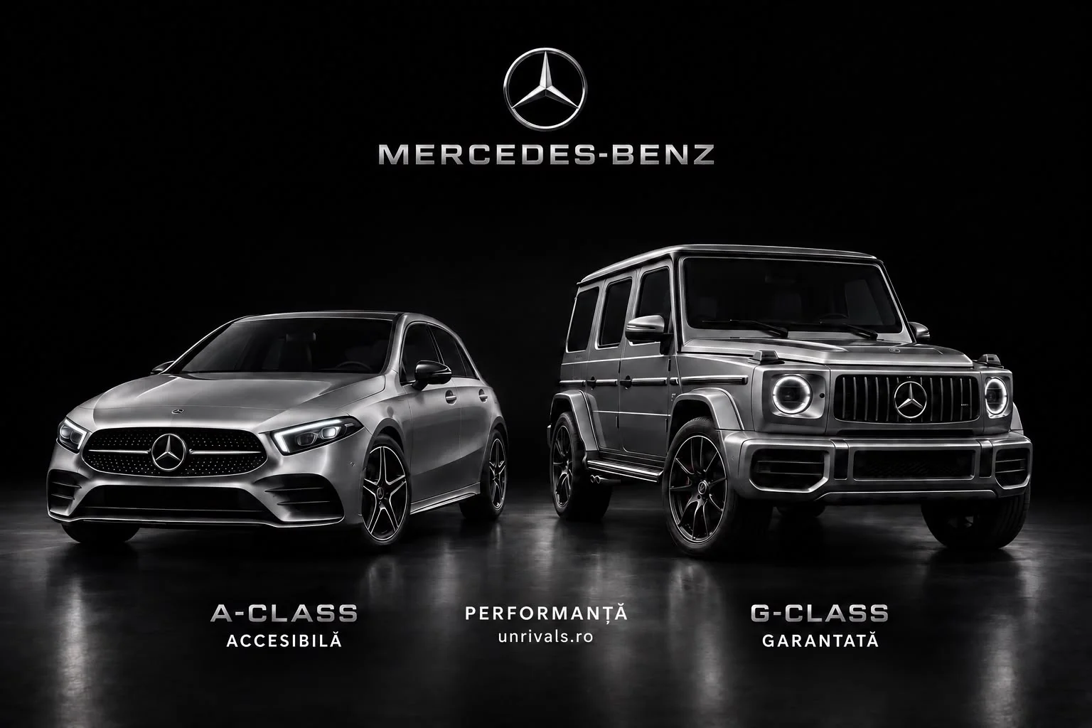 Analogie de arhitectură de brand: două automobile ale aceleiași mărci, unul de clasă accesibilă și unul de clasă superioară, sub același logo. Sub ele scrie performanță accesibilă și performanță garantată, ca imagine a celor două trepte ale aceluiași atribut.