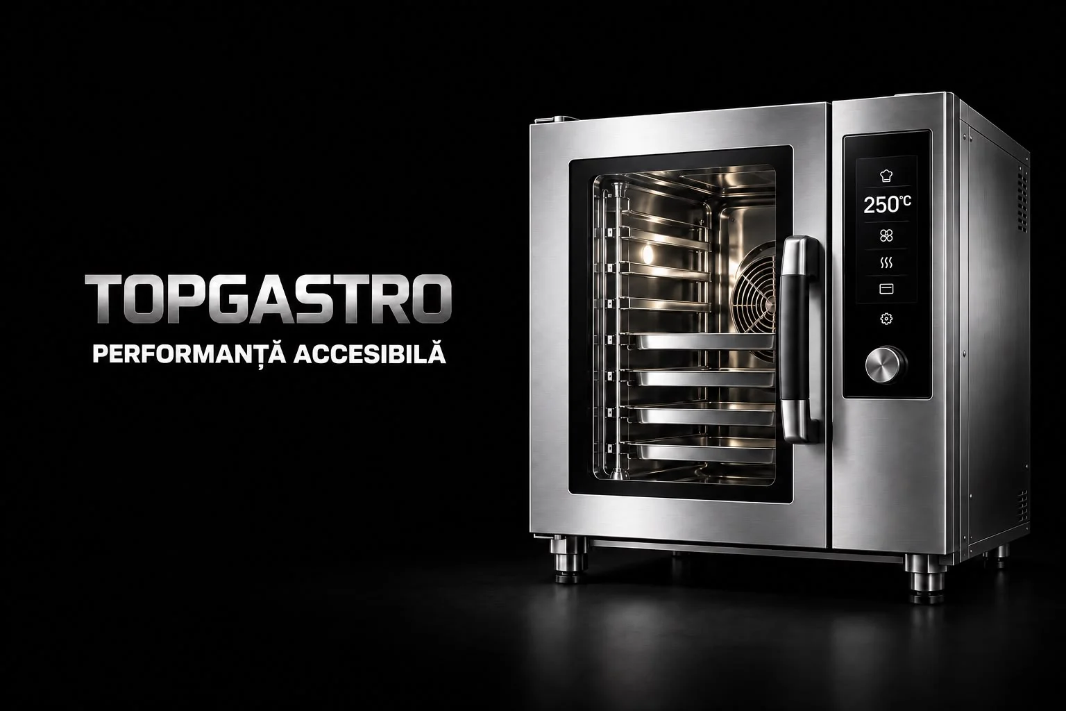 Concept vizual pentru Topgastro: un cuptor profesional compact pe fundal negru, cu numele TOPGASTRO și linia performanță accesibilă. Treapta de intrare a arhitecturii propuse.