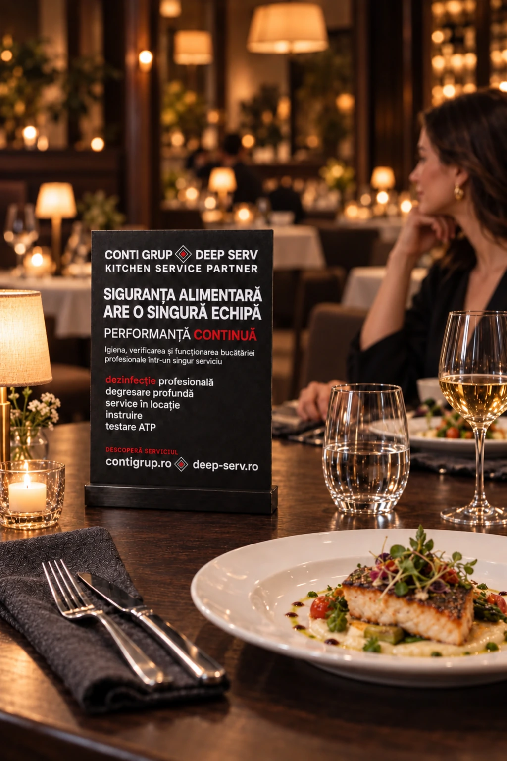 Concept de comunicare la masa clientului, într-un restaurant: un suport de masă negru care anunță parteneriatul propus dintre Conti Grup și Deep Serv, cu linia siguranța alimentară are o singură echipă și lista de servicii, de la dezinfecție și degresare până la service în locație și testare ATP.