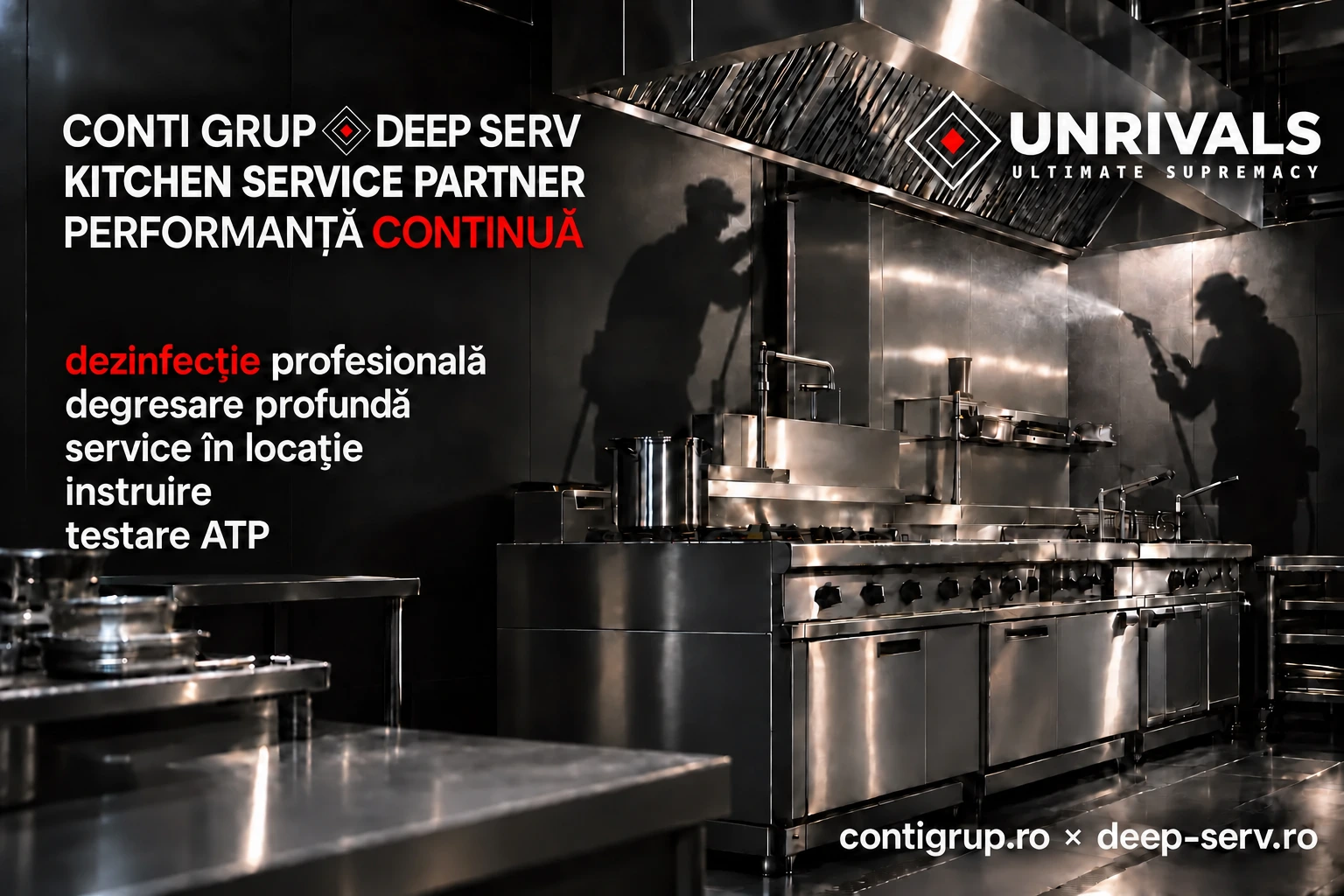 Concept vizual pentru serviciul propus: o bucătărie profesională de inox, cu umbrele a doi tehnicieni care igienizează, sub titlul kitchen service partner și performanță continuă, cu lista serviciilor propuse alături.