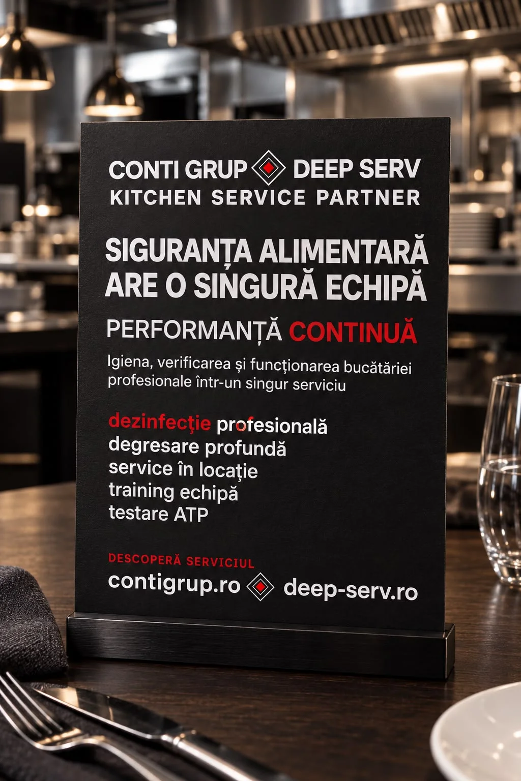 Concept de comunicare pentru masa clientului, văzut în prim-plan: un suport de masă negru cu numele Conti Grup și Deep Serv, titlul siguranța alimentară are o singură echipă, linia performanță continuă și lista serviciilor propuse, de la dezinfecție profesională până la testare ATP.