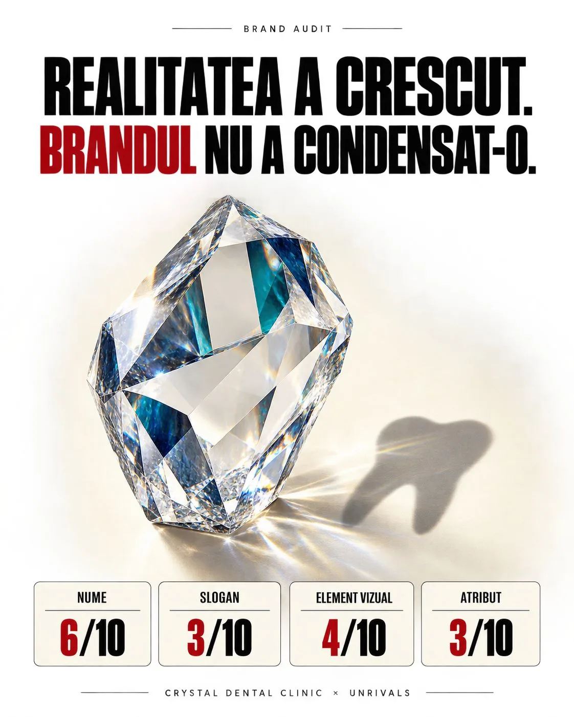 Un cristal masiv, tăiat în multe fațete, stă în lumină și aruncă o umbră care are forma unui dinte obișnuit. Deasupra scrie „Realitatea a crescut. Brandul nu a condensat-o.”