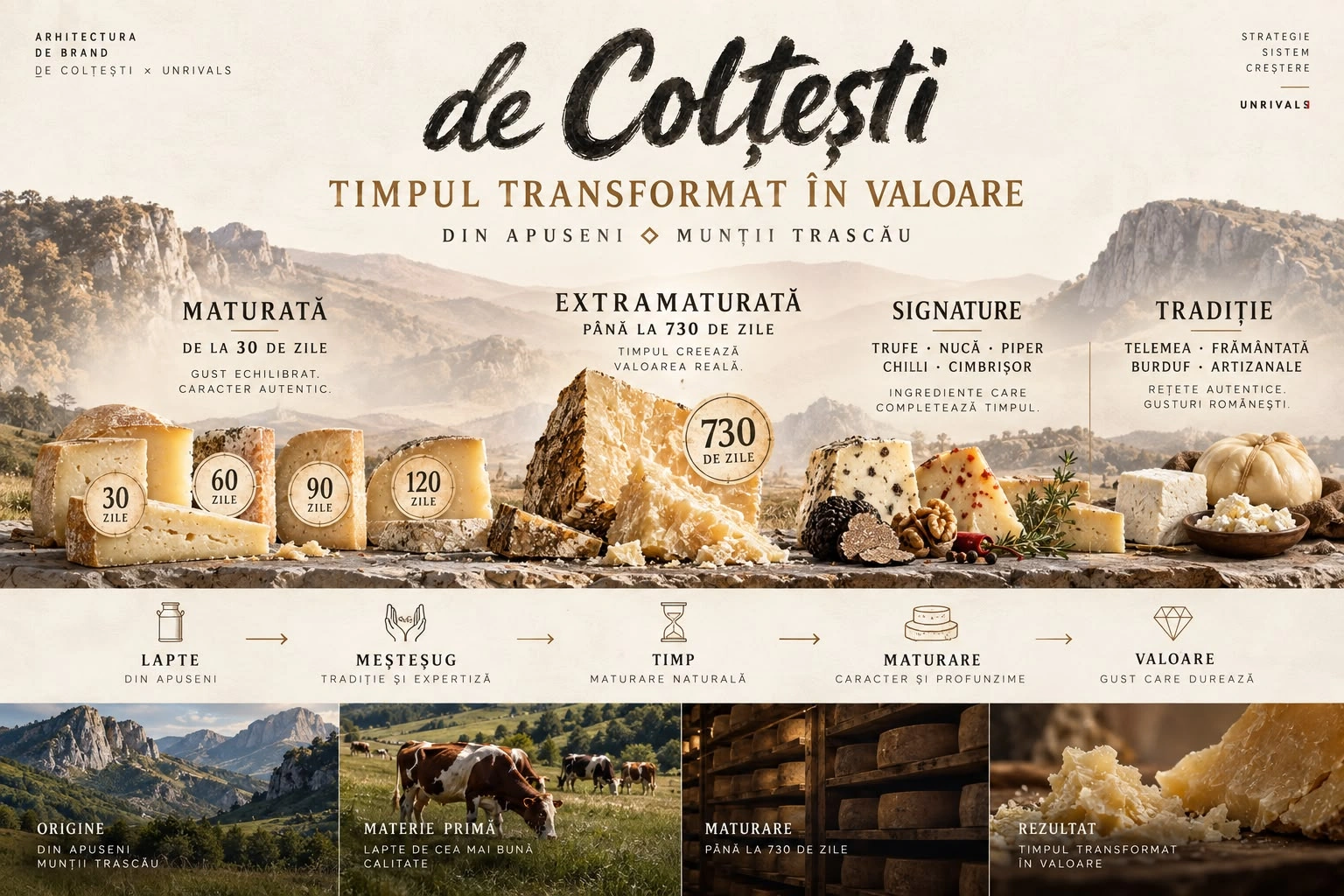 Planșă de arhitectură de brand De Colțești, TIMPUL TRANSFORMAT ÎN VALOARE, din Apuseni, Munții Trascău: gamele Maturată (de la 30 de zile), Extramaturată (până la 730 de zile), Signature (trufe, nucă, piper, chilli, cimbrișor) și Tradiție (telemea, frământată, burduf), lanțul lapte, meșteșug, timp, maturare, valoare și patru imagini: origine, materie primă, maturare, rezultat.