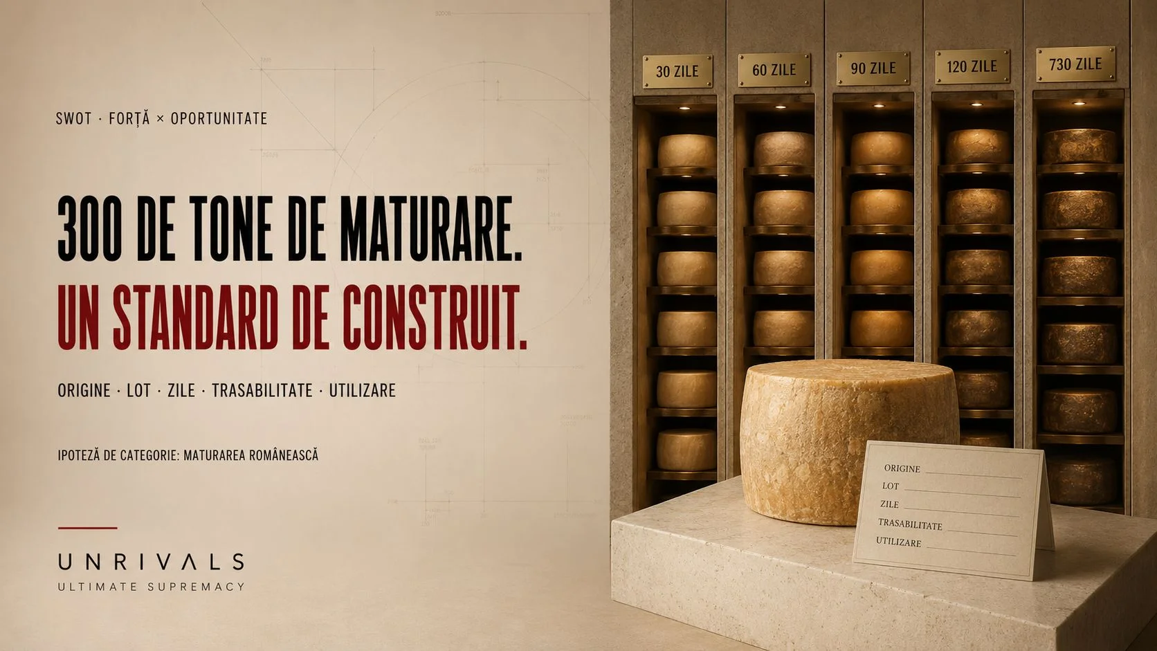Concept De Colțești: „300 de tone de maturare. Un standard de construit.” Cameră de maturare cu etaje etichetate 30, 60, 90, 120 și 730 de zile, card cu Origine, Lot, Zile, Trasabilitate, Utilizare.