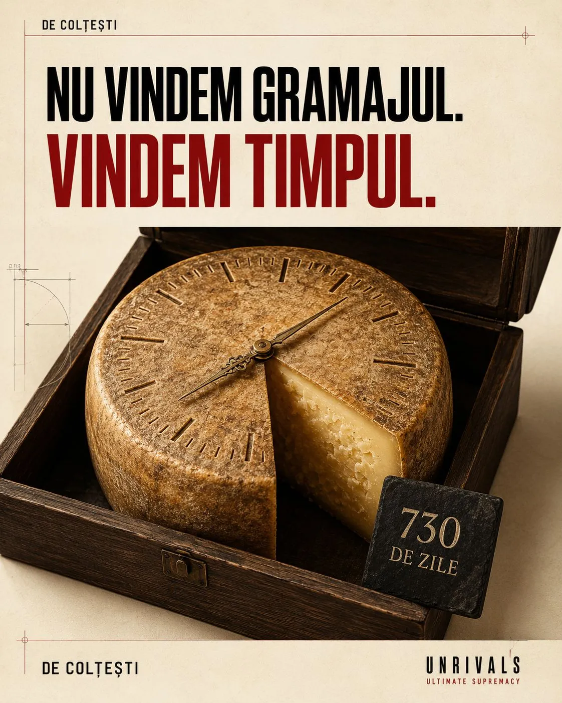 Planșă concept „Nu vindem gramajul. Vindem timpul.”, cu o roată de brânză De Colțești într-o ladă de lemn, suprafața marcată ca un cadran de ceas și o felie tăiată, tăbliță de ardezie cu „730 de zile”, iar jos lockupul UNRIVALS Ultimate Supremacy.