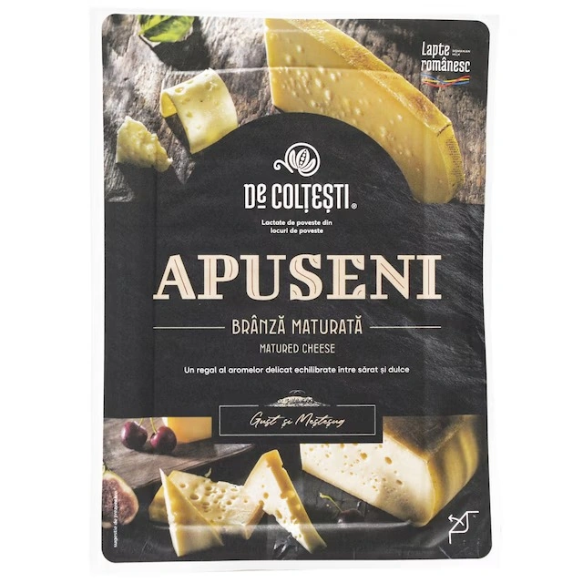Ambalajul actual De Colțești Apuseni, brânză maturată: fond negru, numele APUSENI cu litere mari, logo-ul De Colțești mic, deasupra.