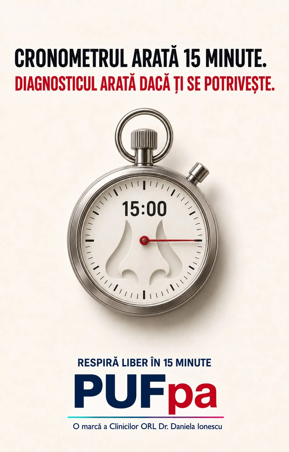 Afiș concept pentru campania Respiră Liber în 15 Minute: un cronometru oprit la 15:00, cu cadranul în formă de nas, sub titlul „Cronometrul arată 15 minute. Diagnosticul arată dacă ți se potrivește”.
