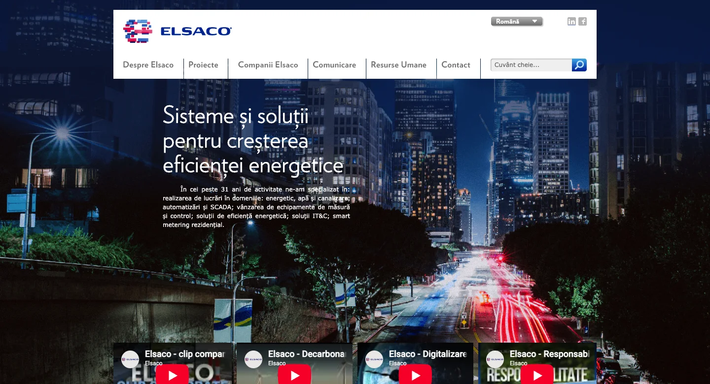 Captură elsaco.com: homepage-ul cu titlul Sisteme și soluții pentru creșterea eficienței energetice, peste o fotografie nocturnă de oraș, cu meniul Despre Elsaco, Proiecte, Companii, Comunicare, Resurse umane și Contact