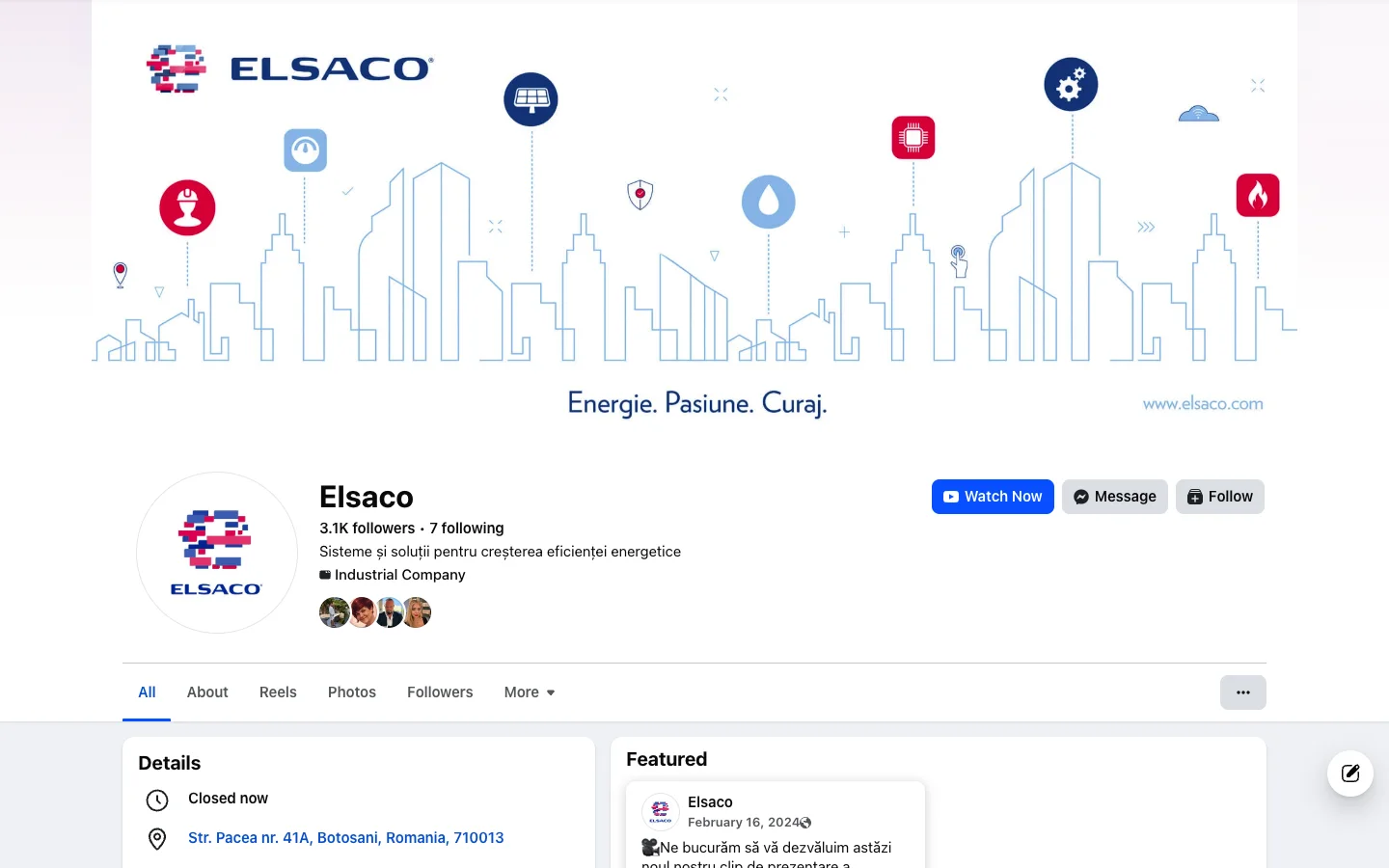 Captură a paginii publice de Facebook ELSACO: ilustrație cu orizontul unui oraș în linii albastre și textul Energie. Pasiune. Curaj.