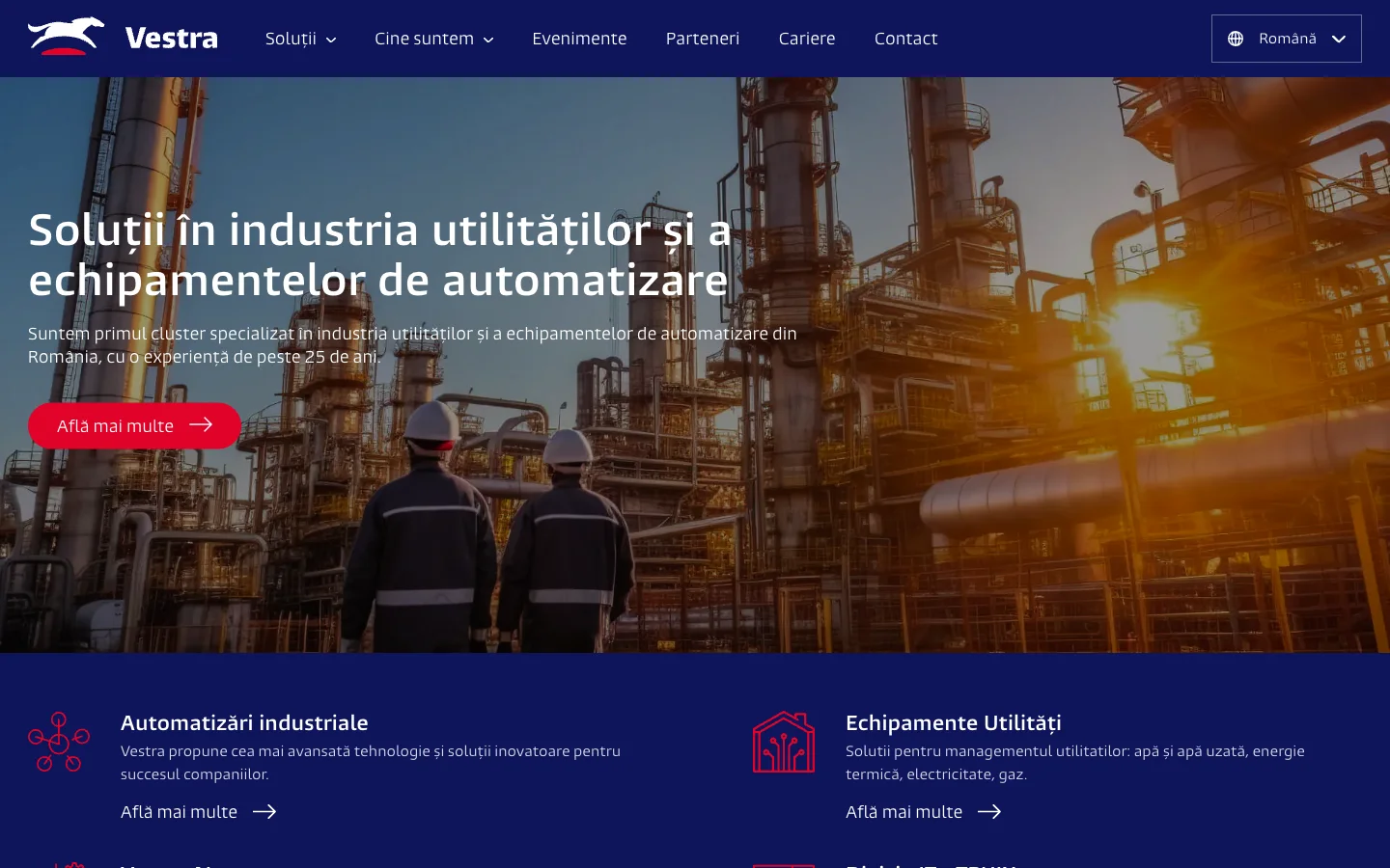Captură vestra.ro: fundal bleumarin, marcă proprie Vestra și titlul Soluții în industria utilităților și a echipamentelor de automatizare