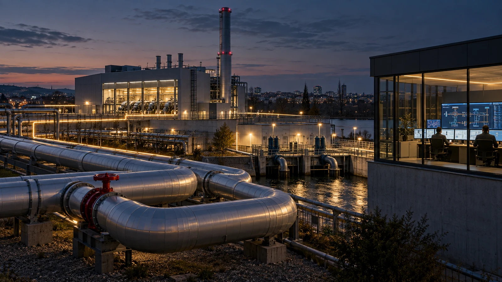 Vizualizare conceptuală UNRIVALS pentru INFRASTRUCTURE INTELLIGENCE: conducte termice preizolate, o centrală de cogenerare cu coș de fum, o stație de pompare lângă apă și o cameră de control cu ecrane SCADA, la căderea serii.