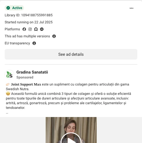 Captură din Meta Ad Library: reclama Grădina Sănătății 1 din 3, cu promisiunea despre colagen pentru articulații.