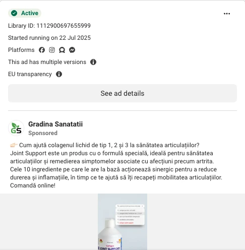 Captură din Meta Ad Library: reclama Grădina Sănătății 2 din 3, cu promisiunea despre colagen pentru articulații.