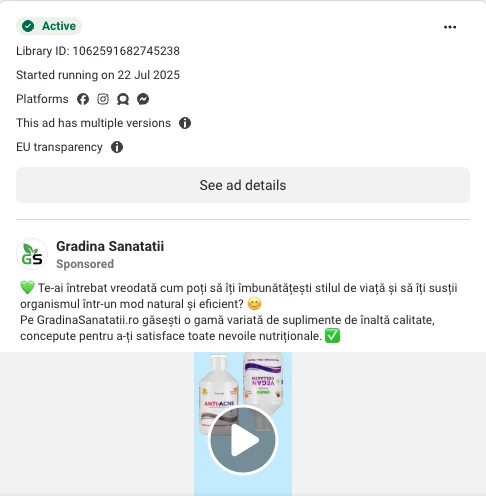Captură din Meta Ad Library: reclama Grădina Sănătății 3 din 3, cu promisiunea despre colagen pentru articulații.