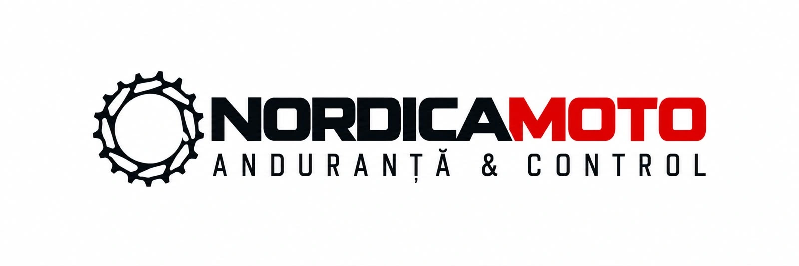 Logo-ul nou NordicaMoto: roata dințată, numele NORDICA în negru și MOTO în roșu, cu semnătura ANDURANȚĂ & CONTROL.
