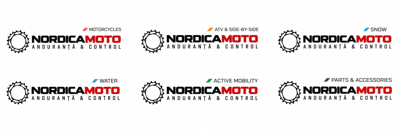 Logo-ul NordicaMoto declinat pe șase direcții de business, fiecare cu culoarea ei: Motorcycles, ATV & Side-by-side, Snow, Water, Active Mobility, Parts & Accessories.