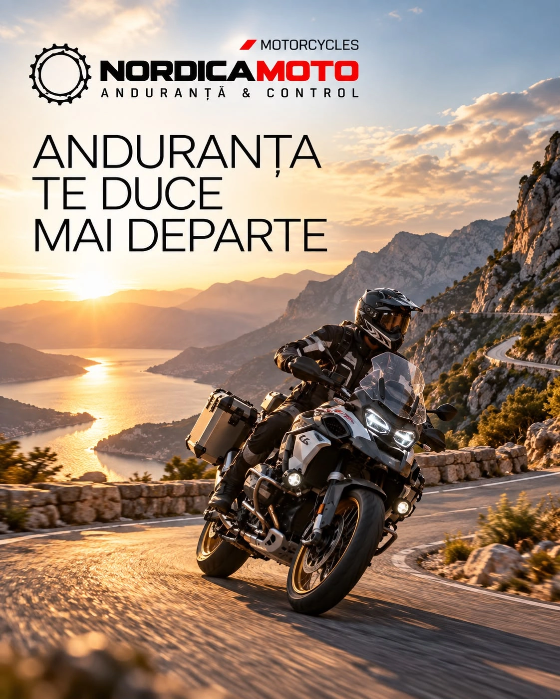 Afiș NordicaMoto Motorcycles: un motociclist adventure pe un drum de munte la apus, cu titlul ANDURANȚA TE DUCE MAI DEPARTE.