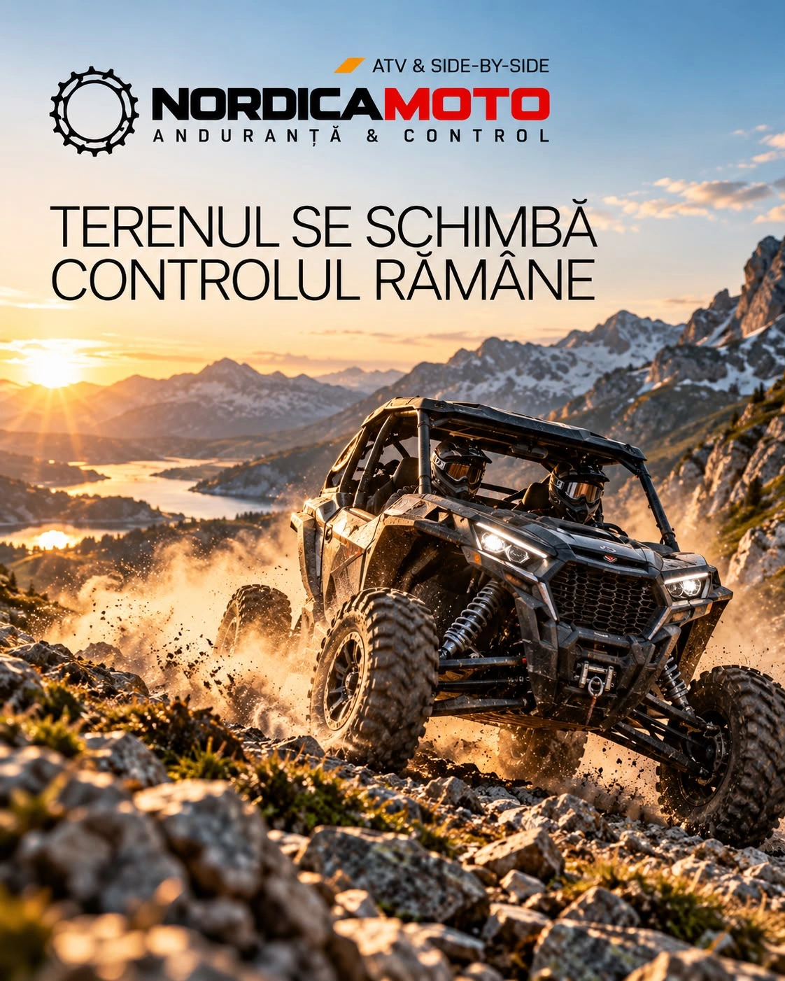 Afiș NordicaMoto ATV & Side-by-side: un side-by-side pe o pantă de piatră, în munți, cu titlul TERENUL SE SCHIMBĂ, CONTROLUL RĂMÂNE.