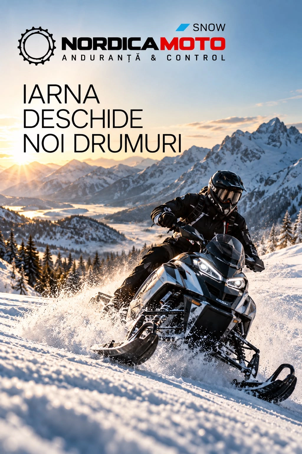 Afiș NordicaMoto Snow: un snowmobil în zăpadă proaspătă, cu titlul IARNA DESCHIDE NOI DRUMURI.