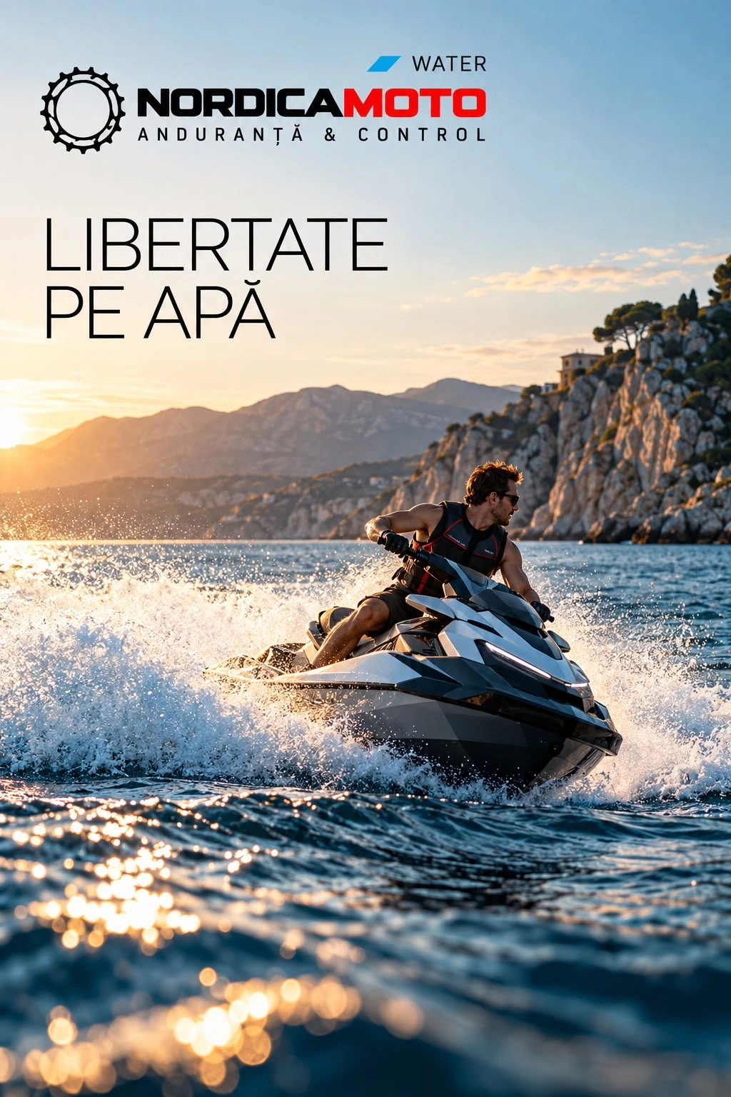 Afiș NordicaMoto Water: un skijet pe mare, la apus, cu titlul LIBERTATE PE APĂ.