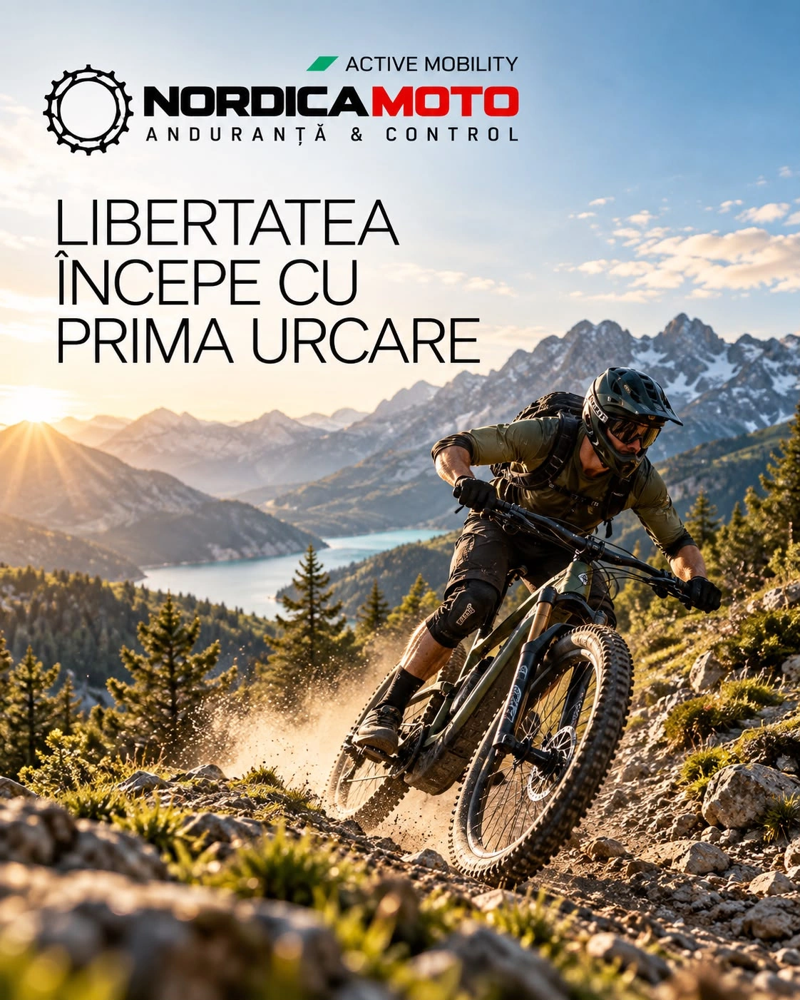 Afiș NordicaMoto Active Mobility: un biciclist MTB pe o potecă de munte, cu titlul LIBERTATEA ÎNCEPE CU PRIMA URCARE.