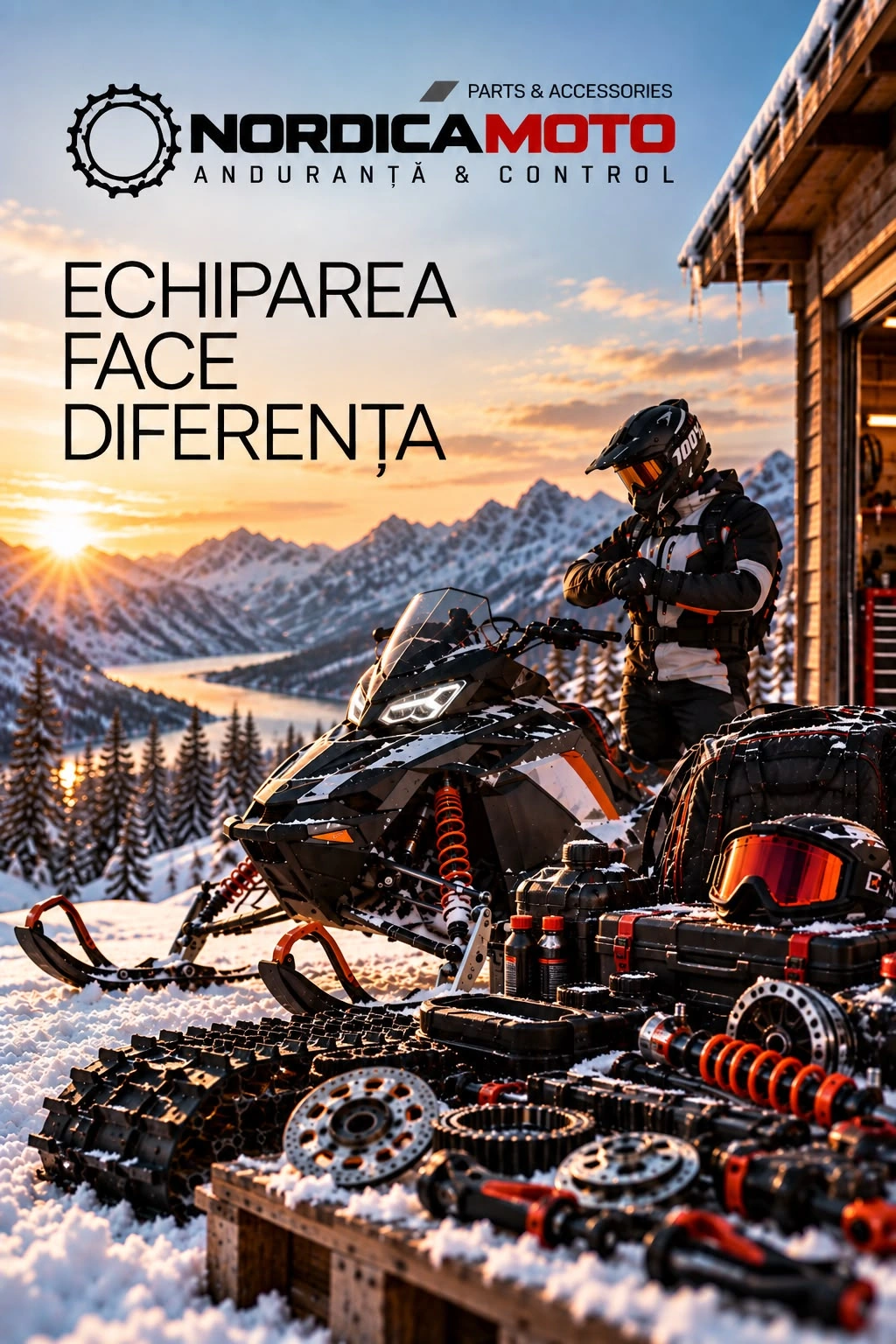 Afiș NordicaMoto Parts & Accessories: un snowmobil lângă piese și echipament, cu titlul ECHIPAREA FACE DIFERENȚA.