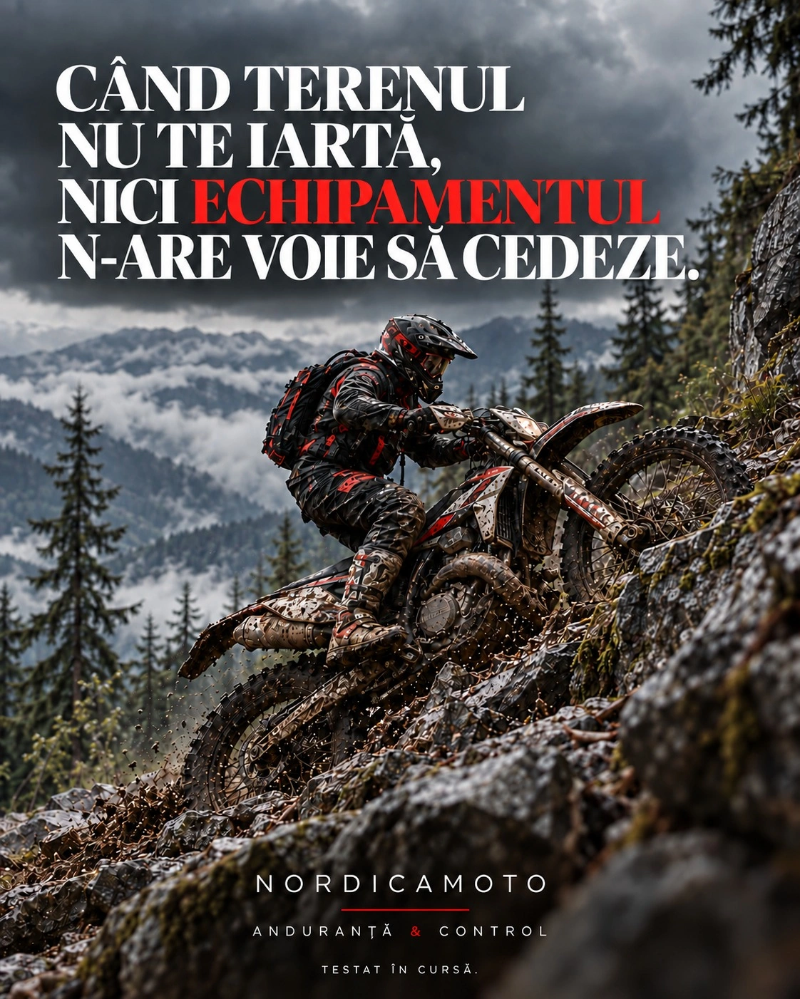 Planșă de închidere NordicaMoto: un pilot de hard enduro pe o pantă de piatră, în munți, cu titlul CÂND TERENUL NU TE IARTĂ, NICI ECHIPAMENTUL N-ARE VOIE SĂ CEDEZE. și semnătura NORDICAMOTO, ANDURANȚĂ & CONTROL, TESTAT ÎN CURSĂ.