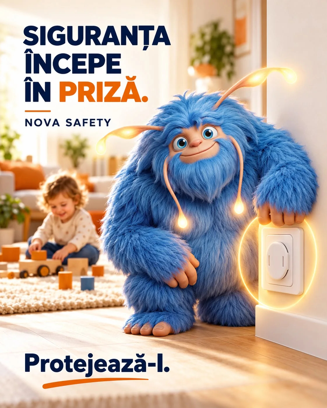 Reclama NOVA Safety „Siguranța începe în priză.”: Novu, personajul albastru al NOVA, stă lângă o priză cu protecție luminată, iar în spate un copil se joacă pe covor cu cuburi; jos, chemarea Protejează-l.