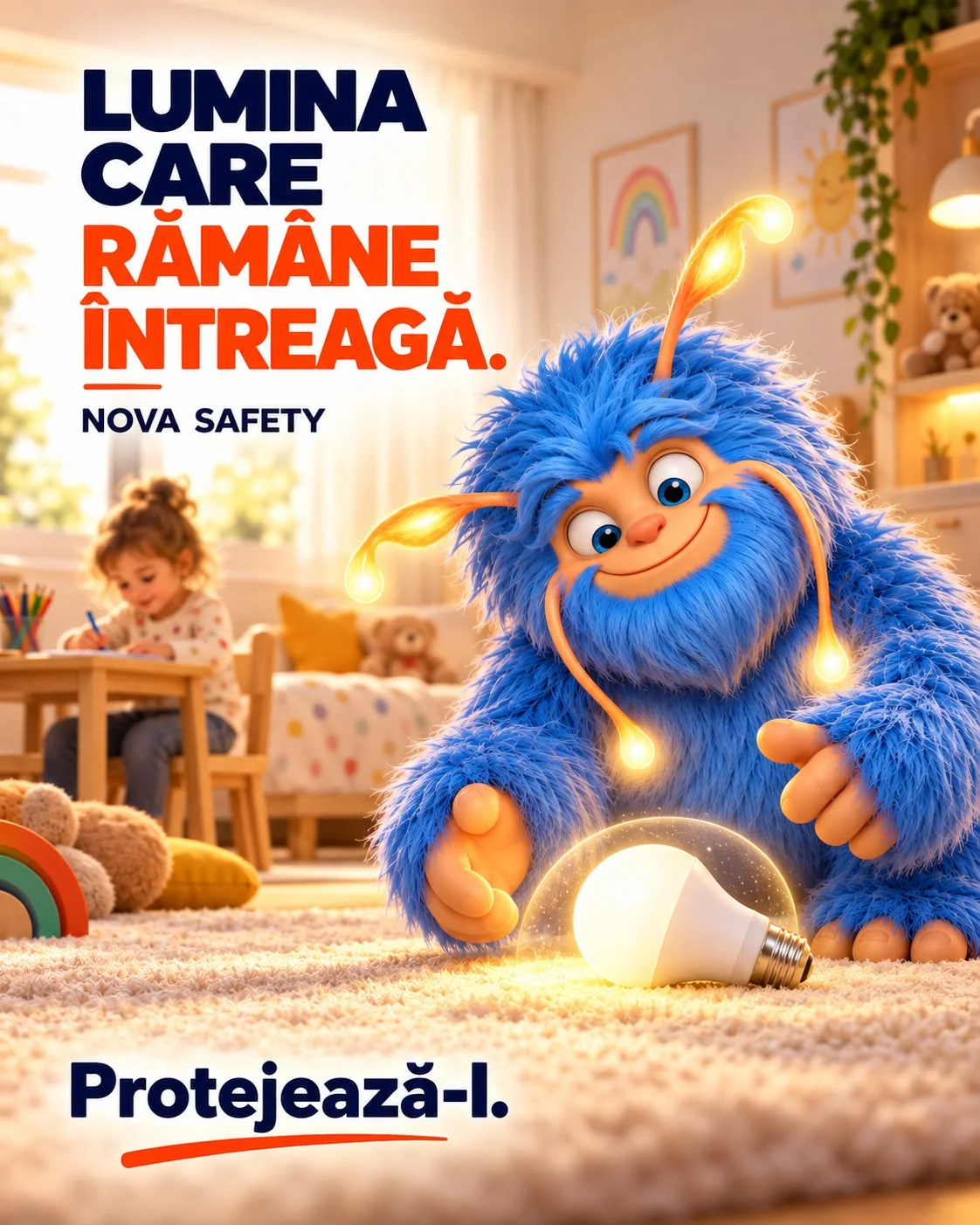 Reclama NOVA Safety „Lumina care rămâne întreagă.”: Novu ține în palmă un bec LED întreg, pe covorul dintr-o cameră de copil, cu un copil care desenează la masă în fundal; jos, chemarea Protejează-l.