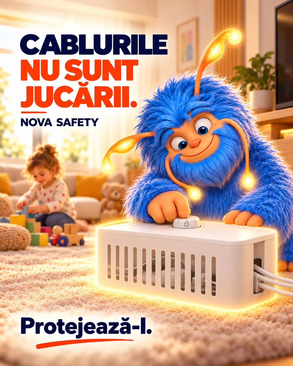 Reclama NOVA Safety „Cablurile nu sunt jucării.”: Novu închide capacul unei cutii albe, ventilate, în care stau prelungitorul și cablurile, cu un copil care se joacă în fundal; jos, chemarea Protejează-l.