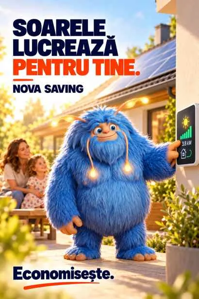 Reclama NOVA Saving „Soarele lucrează pentru tine.”: Novu, în curtea unei case cu panouri fotovoltaice pe acoperiș, arată spre un afișaj cu producția solară, iar o mamă și fetița lui privesc din spate; jos, chemarea Economisește.
