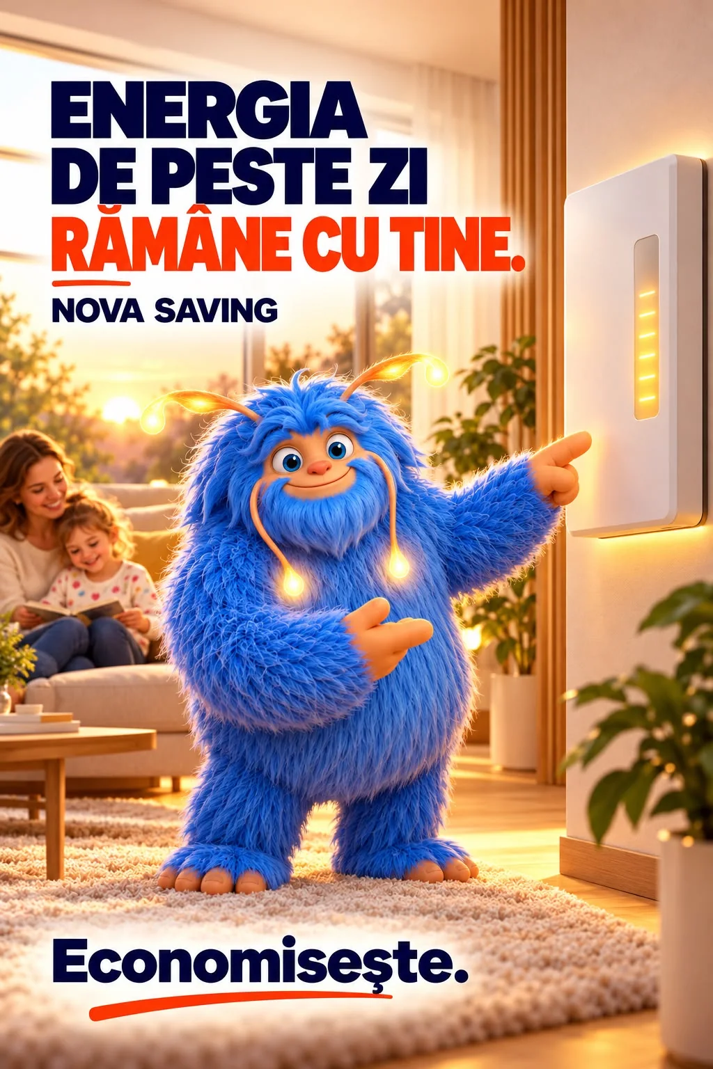 Reclama NOVA Saving „Energia de peste zi rămâne cu tine.”: Novu arată spre o baterie de perete într-o casă luminată de soarele de seară, cu o mamă și un copil pe canapea; jos, chemarea Economisește.