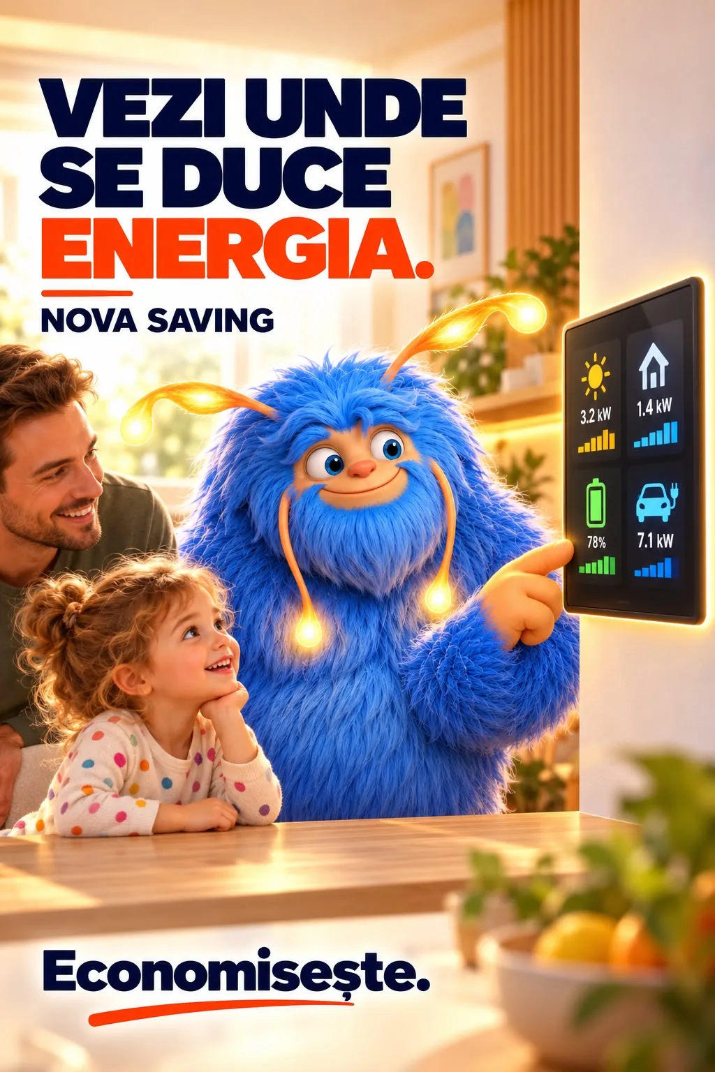 Reclama NOVA Saving „Vezi unde se duce energia.”: Novu arată spre un ecran de perete cu producția, consumul și bateria casei, iar un tată și o fetiță se uită la el; jos, chemarea Economisește.