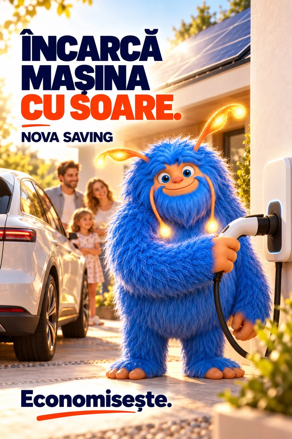 Reclama NOVA Saving „Încarcă mașina cu soare.”: Novu ține cablul unei stații de încărcare de perete lângă o mașină electrică albă, sub un acoperiș cu panouri solare, cu o familie în fundal; jos, chemarea Economisește.