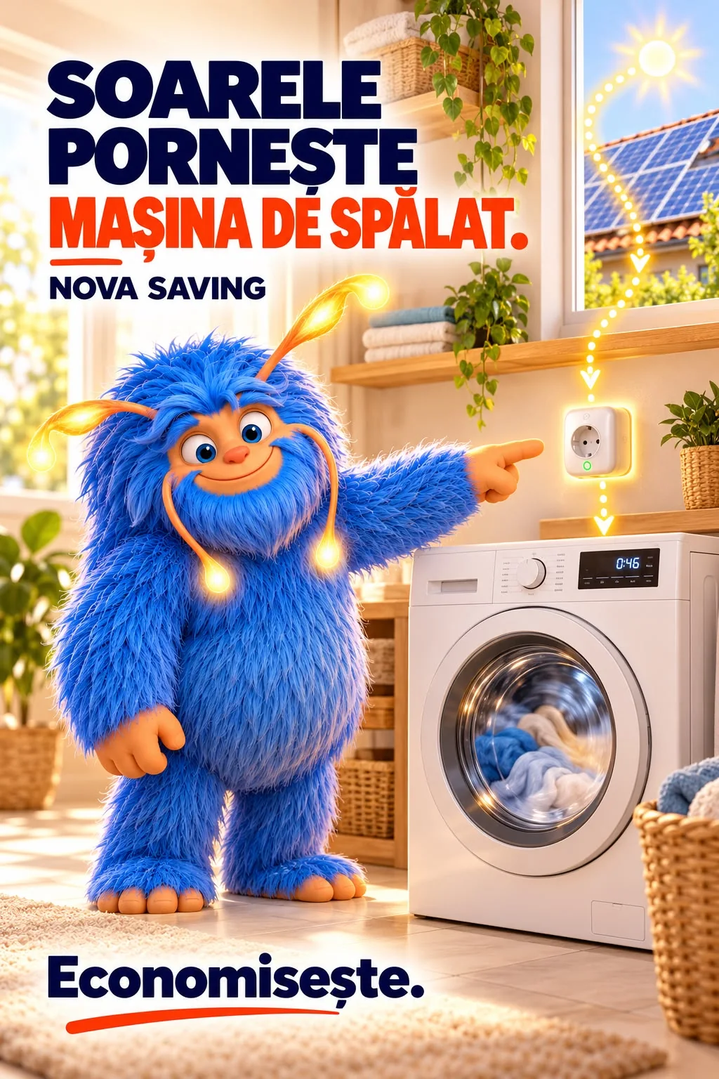 Reclama NOVA Saving „Soarele pornește mașina de spălat.”: Novu arată spre o priză inteligentă legată de o mașină de spălat, cu o linie de lumină care coboară de la panourile solare; jos, chemarea Economisește.