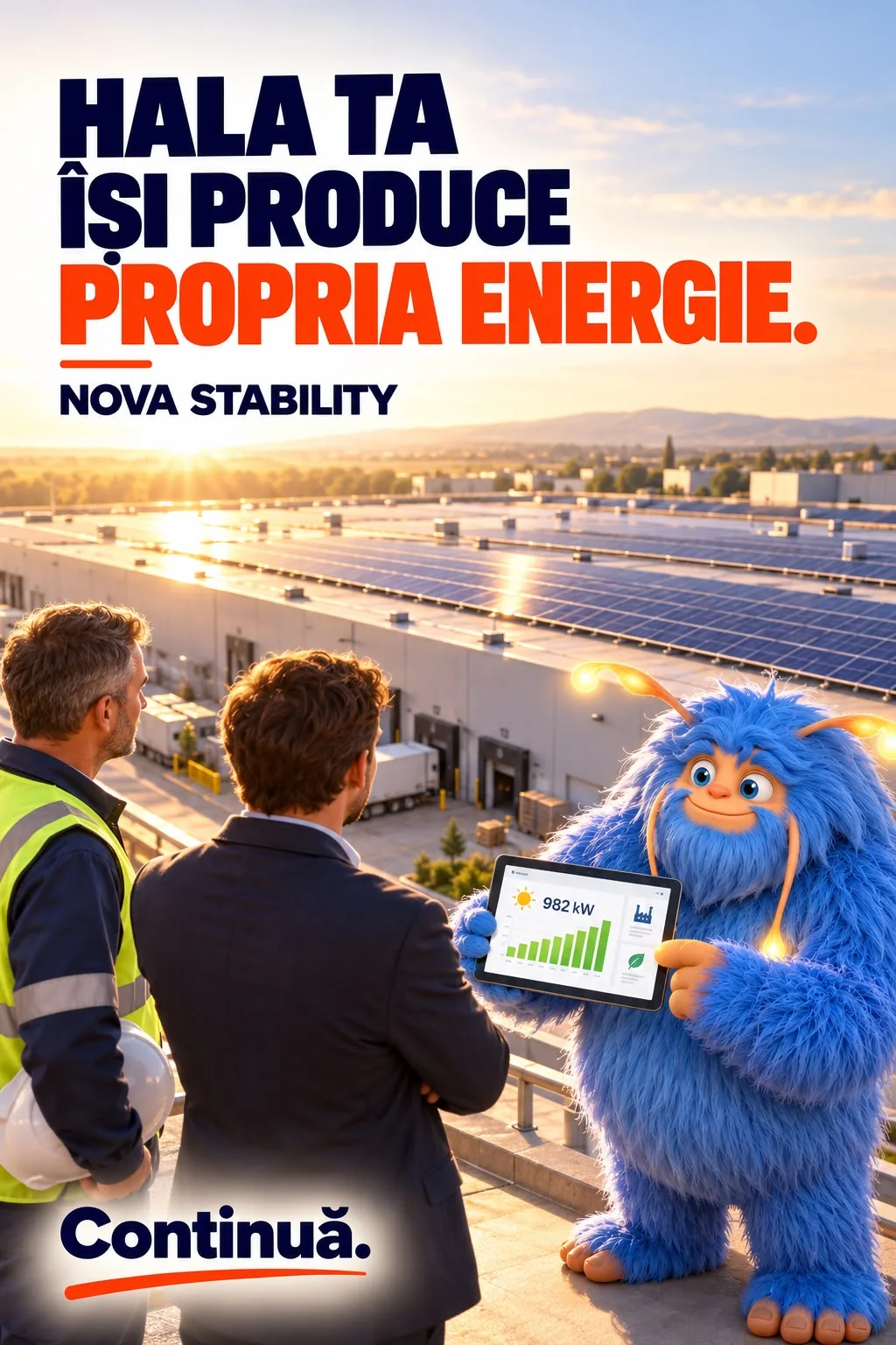 Reclama NOVA Stability „Hala ta își produce propria energie.”: pe acoperișul unei hale acoperite cu panouri fotovoltaice, Novu le arată pe o tabletă producția a doi oameni, un inginer cu vestă reflectorizantă și un manager; jos, chemarea Continuă.