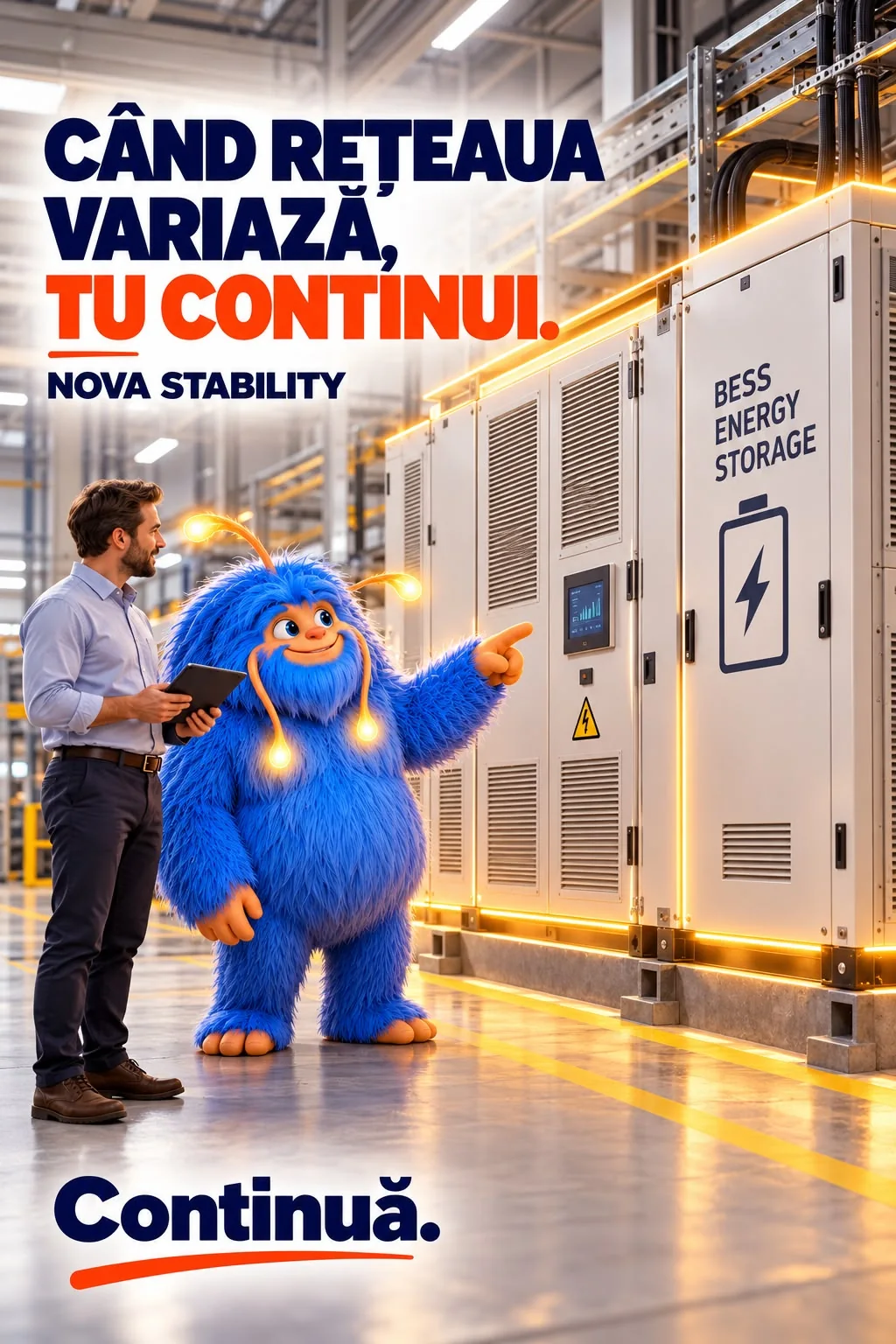 Reclama NOVA Stability „Când rețeaua variază, tu continui.”: într-o hală industrială, Novu arată spre dulapurile unui sistem de stocare în baterii, lângă un manager cu tabletă; jos, chemarea Continuă.