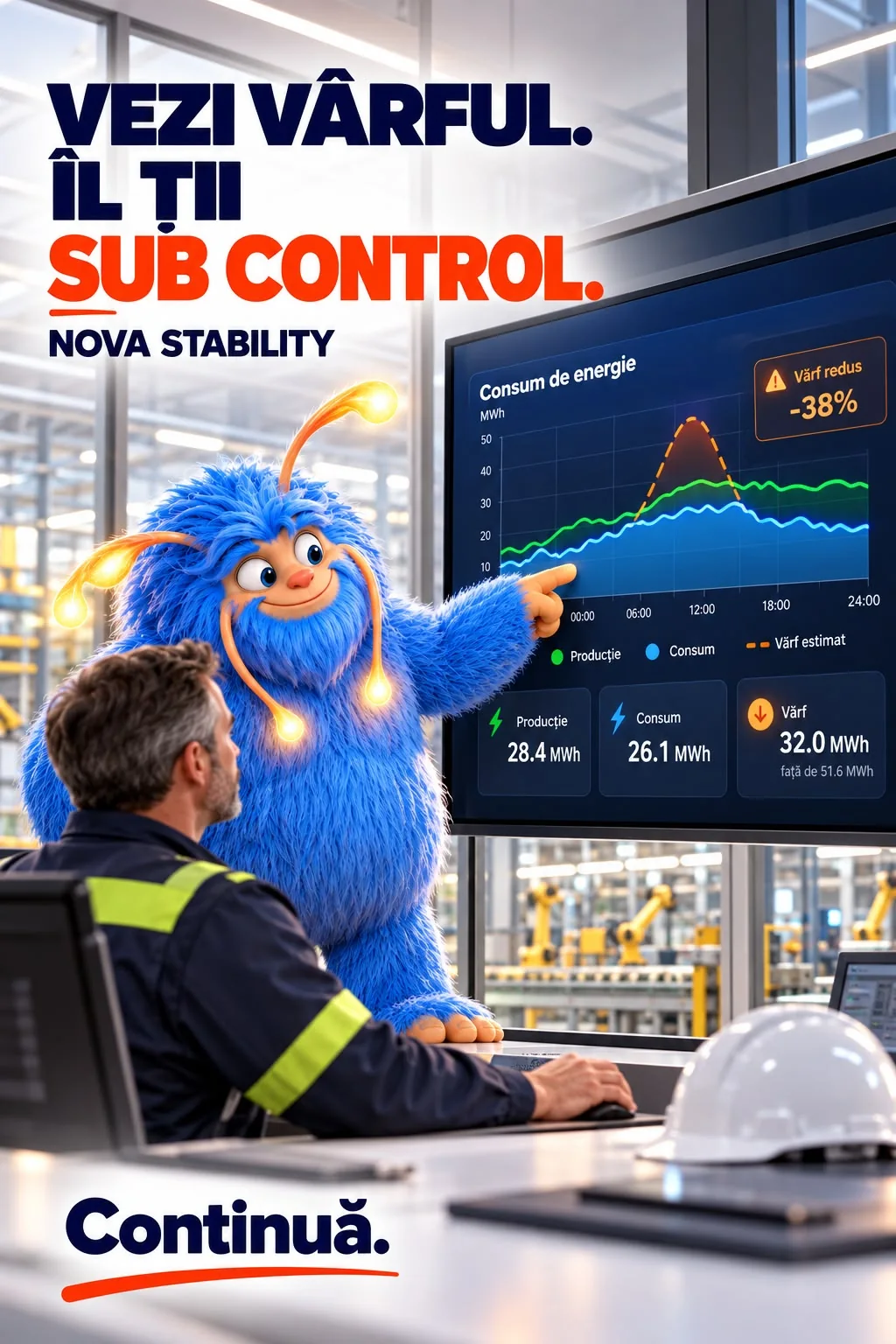 Reclama NOVA Stability „Vezi vârful. Îl ții sub control.”: Novu arată spre un ecran mare cu curba consumului de energie și vârful marcat, iar un operator lucrează la birou în fața lui; jos, chemarea Continuă.
