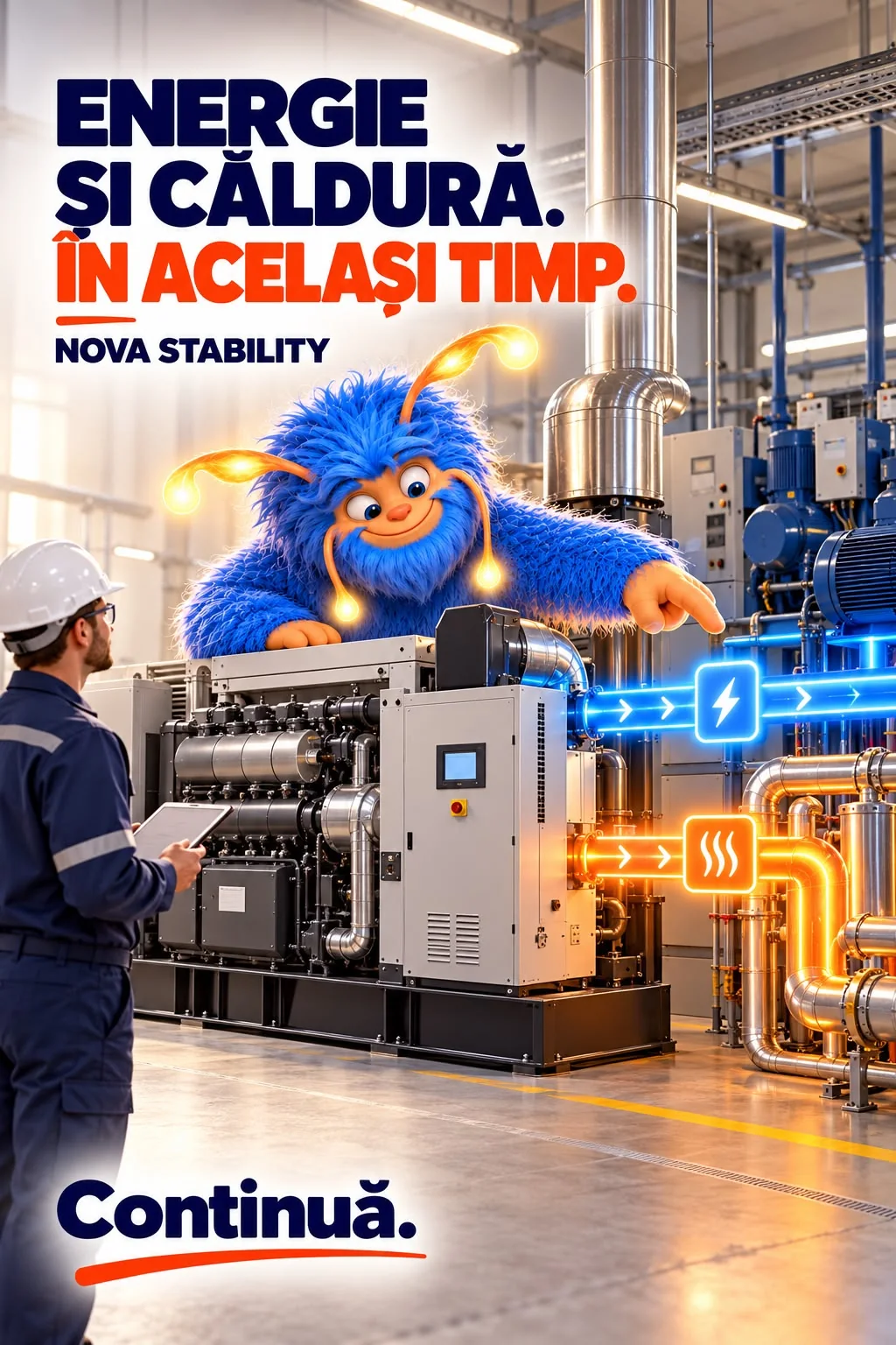 Reclama NOVA Stability „Energie și căldură. În același timp.”: Novu arată spre o unitate de cogenerare dintr-o sală de mașini, din care pleacă un flux albastru de electricitate și unul portocaliu de căldură, lângă un tehnician cu cască; jos, chemarea Continuă.