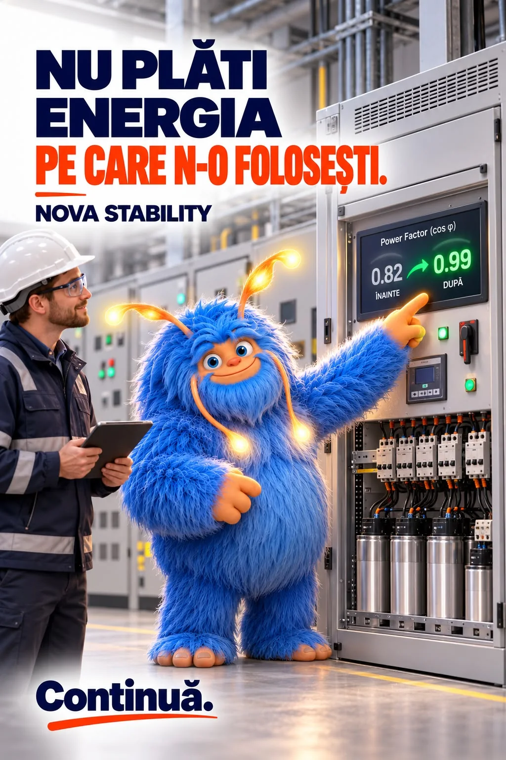 Reclama NOVA Stability „Nu plăti energia pe care n-o folosești.”: Novu arată spre ecranul unui tablou electric pe care factorul de putere urcă de la 0,82 la 0,99, lângă un inginer cu cască și tabletă; jos, chemarea Continuă.