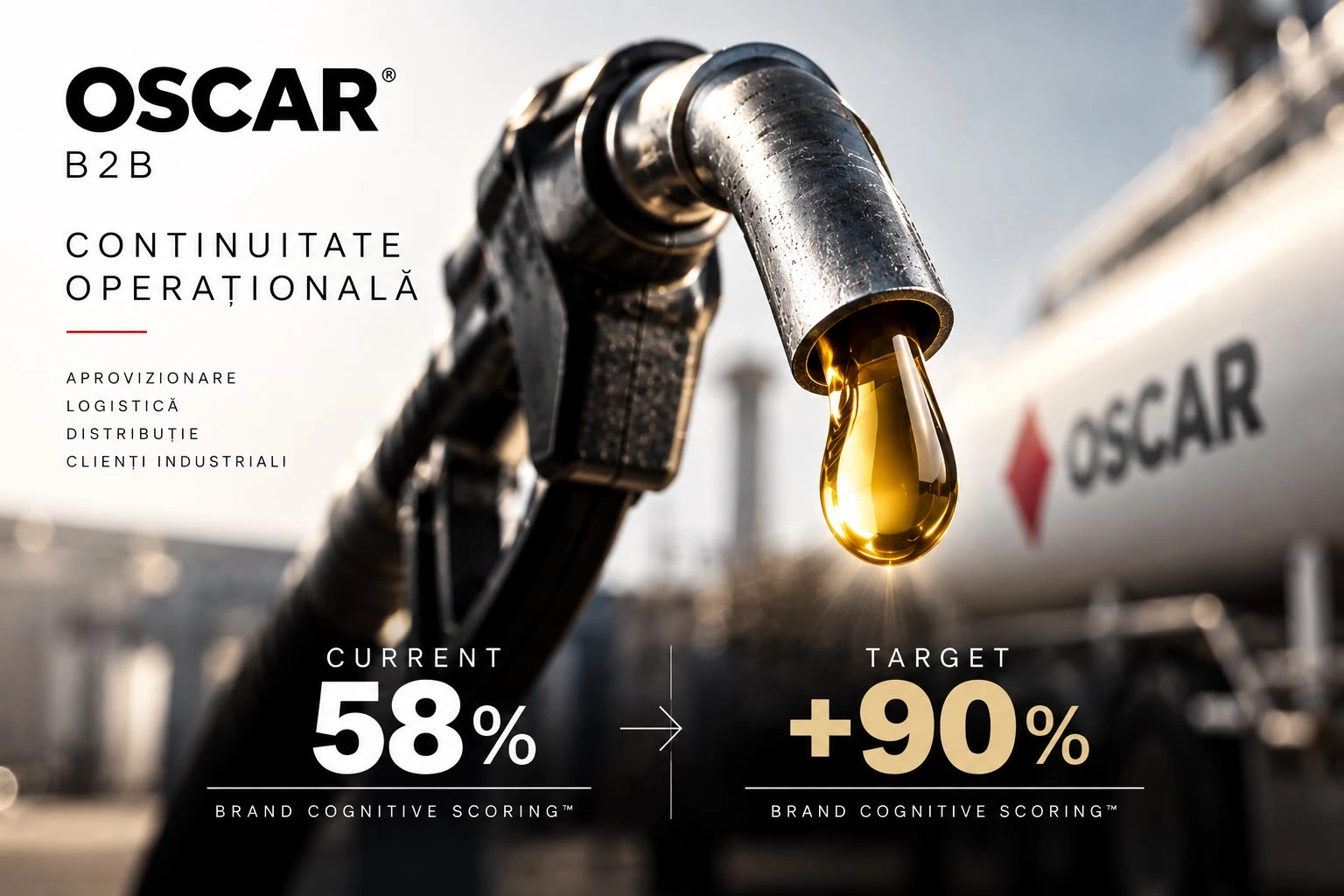 Planșă de deschidere, vizualizare concept UNRIVALS: un pistol de alimentare cromat din care cade o picătură aurie, cu o autocisternă OSCAR în fundal, sub marca OSCAR B2B și atributul CONTINUITATE OPERAȚIONALĂ, cu scorul current 58% și target +90% Brand Cognitive Scoring.