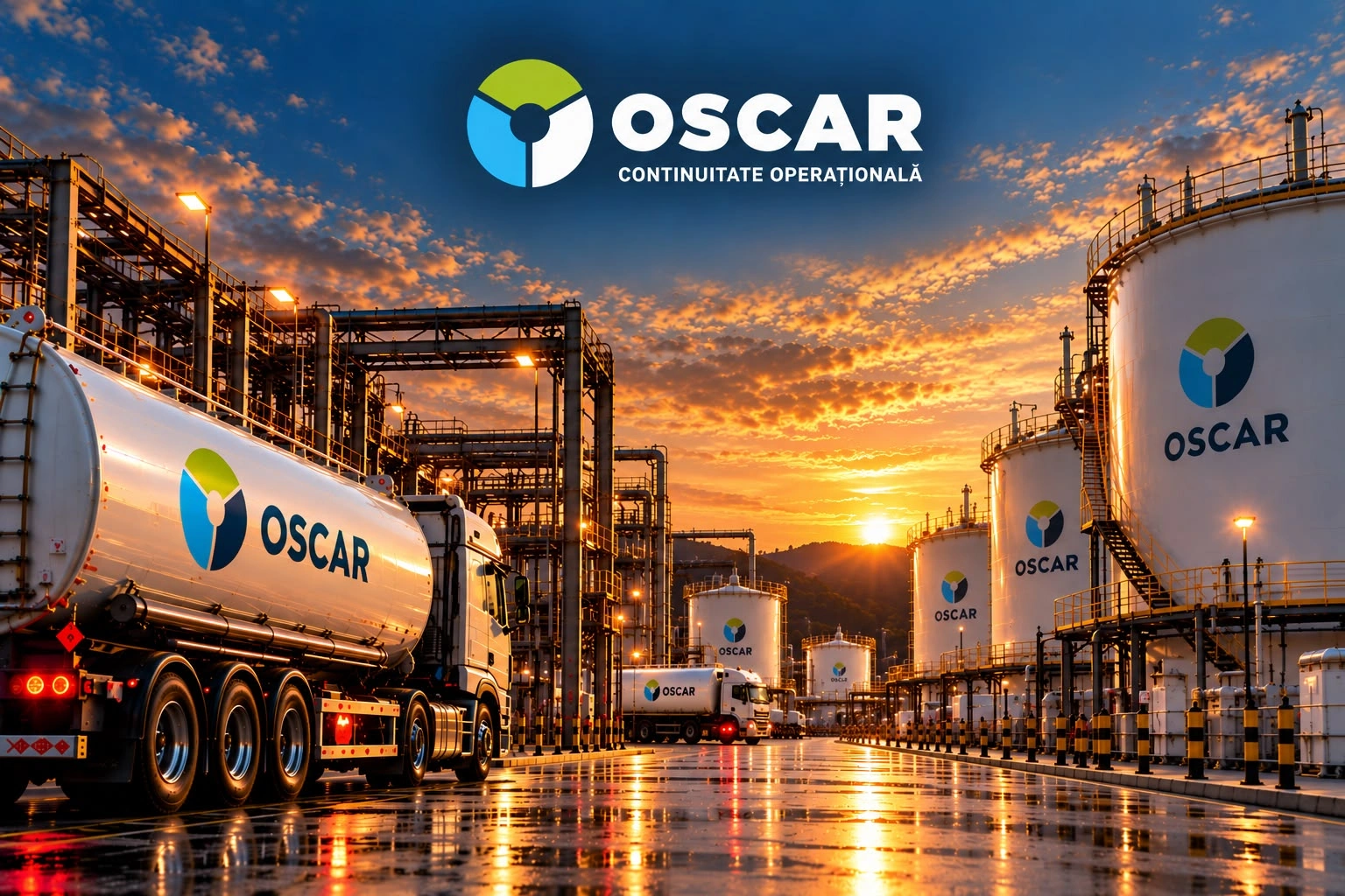 Vizualizare concept UNRIVALS: un depozit de carburant cu rezervoare de stocare și autocisterne OSCAR aliniate, iar deasupra lor marca OSCAR cu atributul CONTINUITATE OPERAȚIONALĂ.
