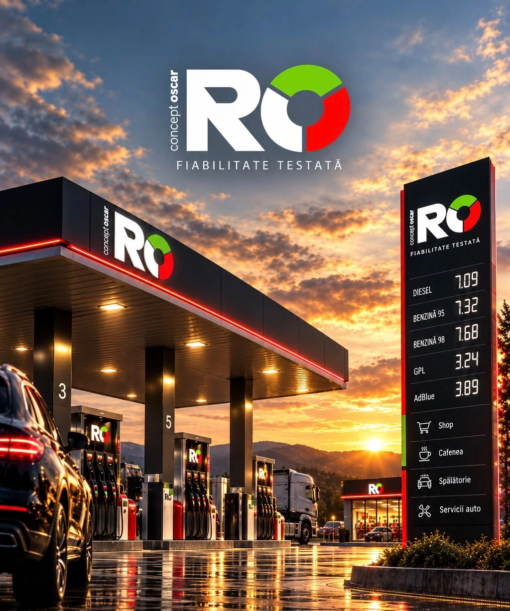 Vizualizare concept UNRIVALS: o stație RO la apus, cu copertina pe care scrie concept OSCAR RO și FIABILITATE TESTATĂ și un totem de prețuri.